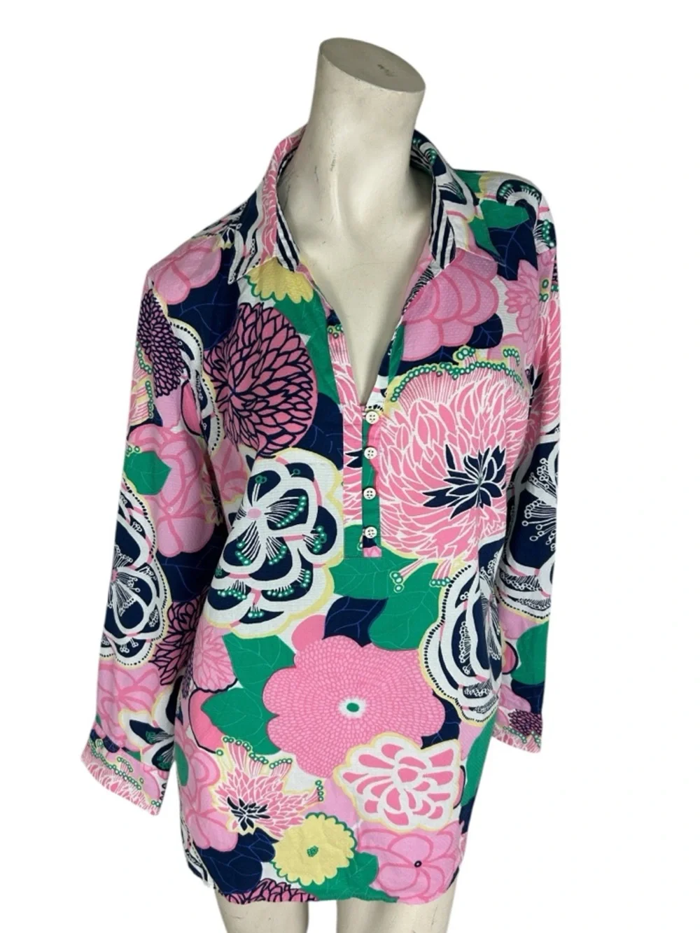 Talbots Floral Tunic Top Pink Blue Green Button Front Cotton Boho Preppy XL - Picture 9 of 10